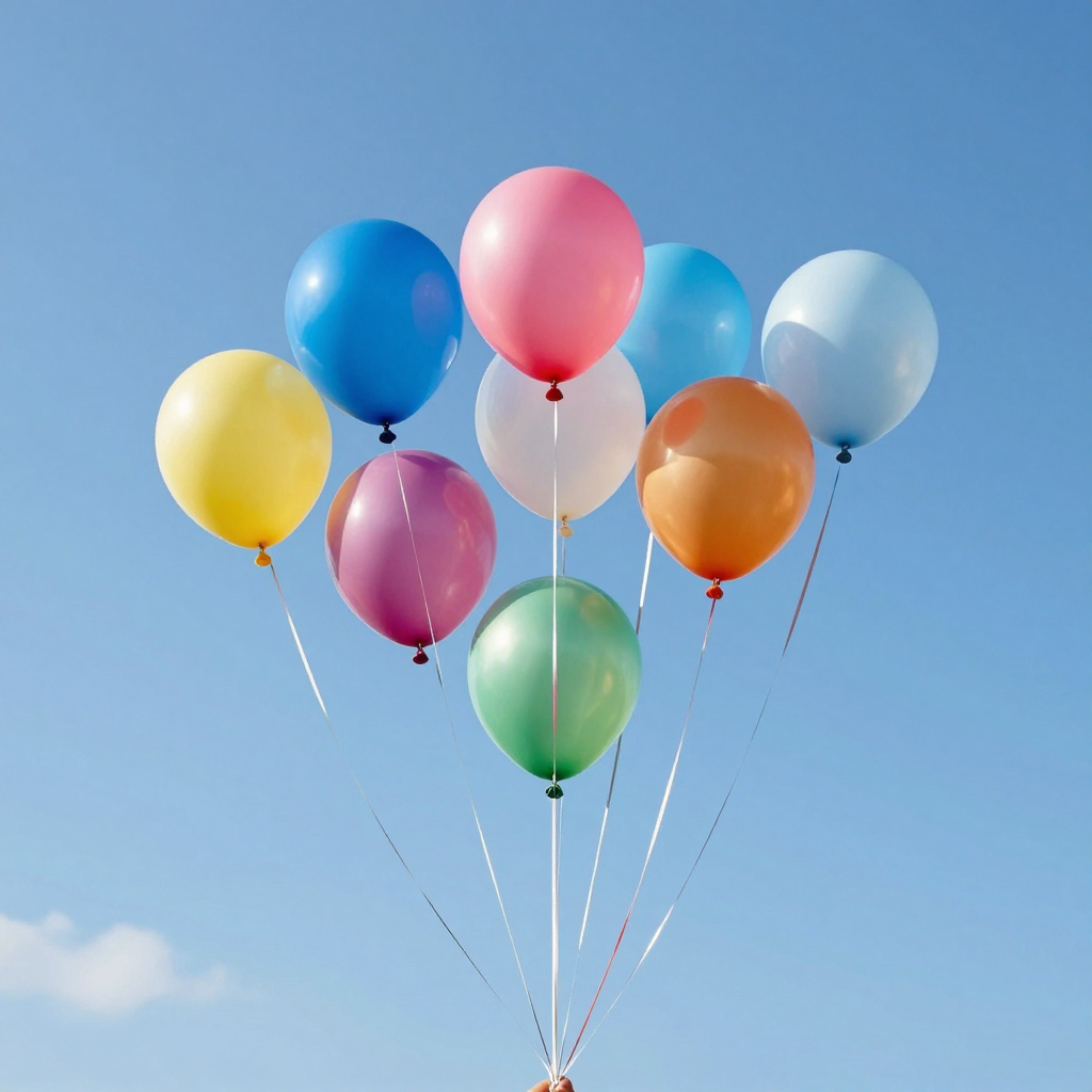 Exactly 11 colorful balloons floating against a clear blue s