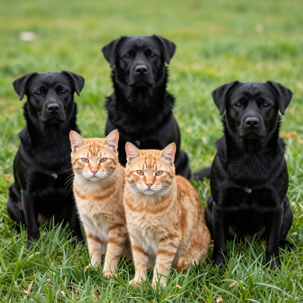 2 orange cats and 3 black dogs sitting together on a grassy 