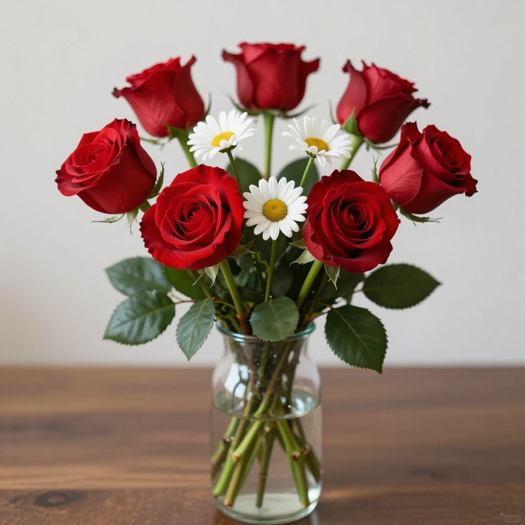4 red roses and 2 white daisies in a glass vase on a table