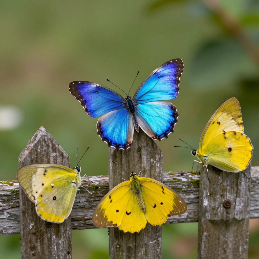 1 blue butterfly and 3 yellow butterflies resting on a garde