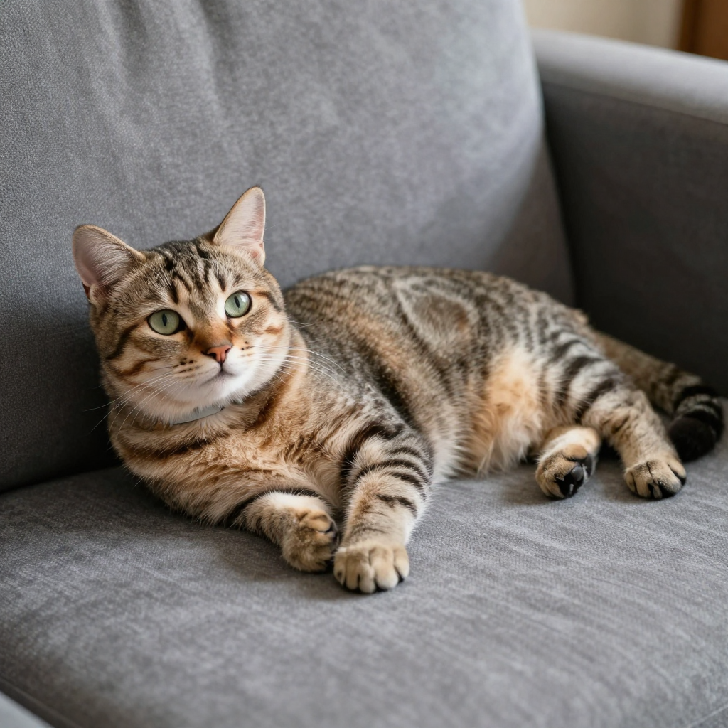 A cat lying on a couch without a collar