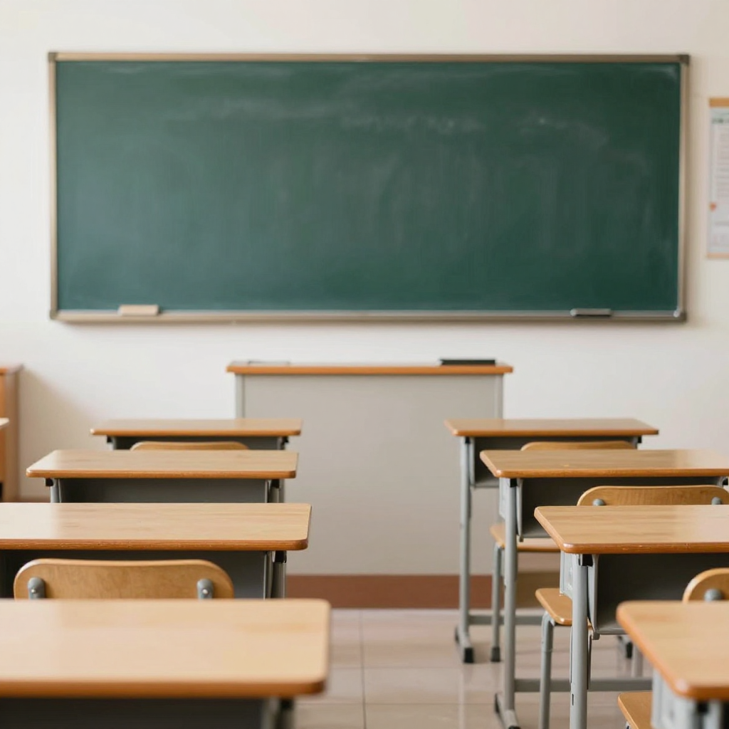 A classroom with desks and a chalkboard but no students