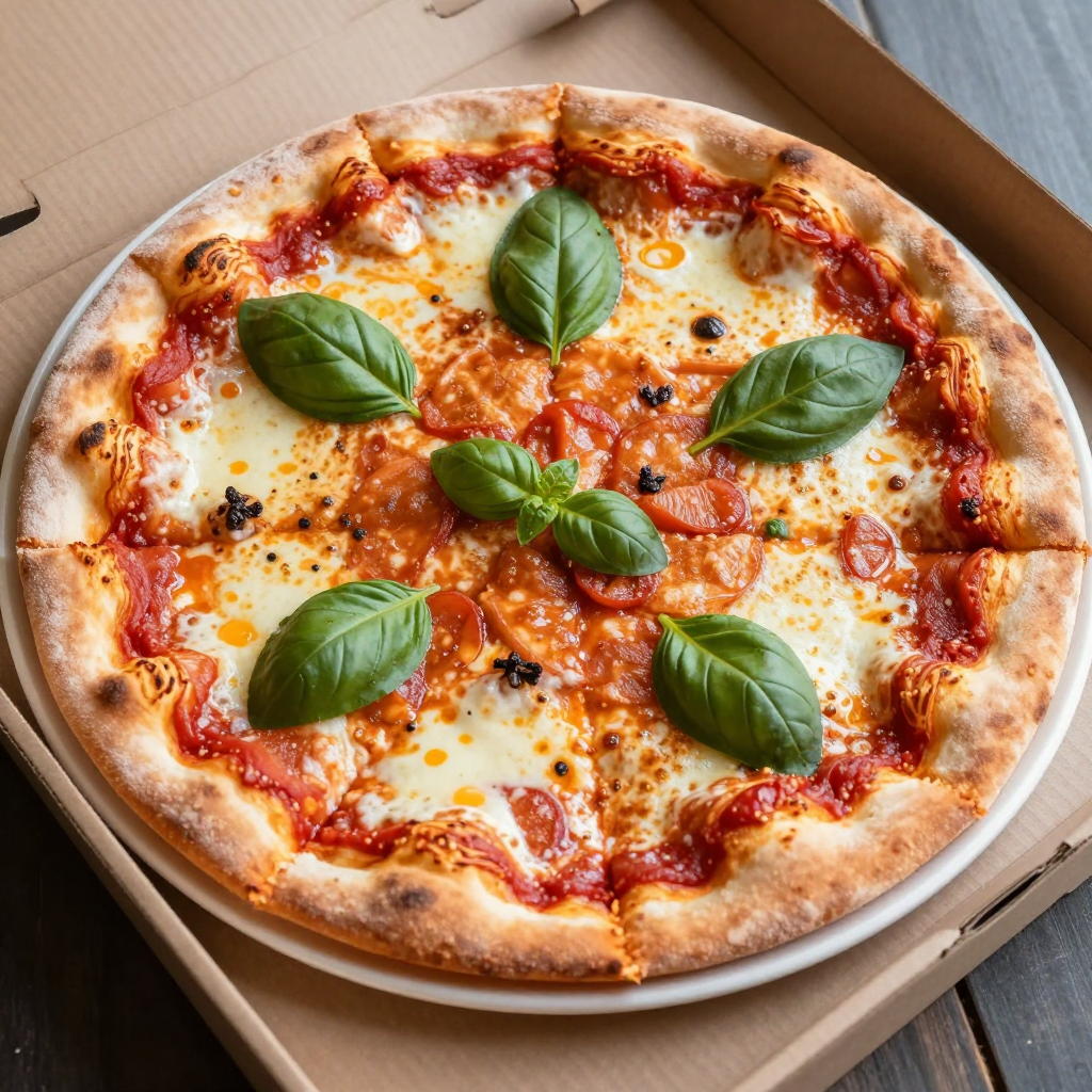 A pepperoni pizza with tomato sauce, basil, and crust but ab