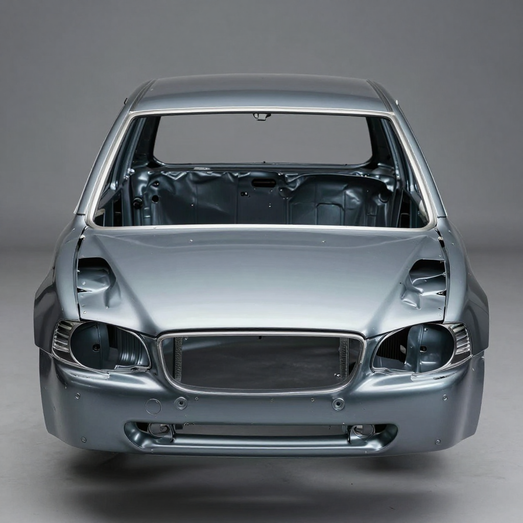 A car body with windows, doors, and headlights but no wheels