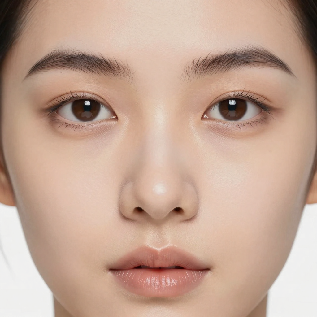 A human face with eyes, nose, and mouth but no eyebrows