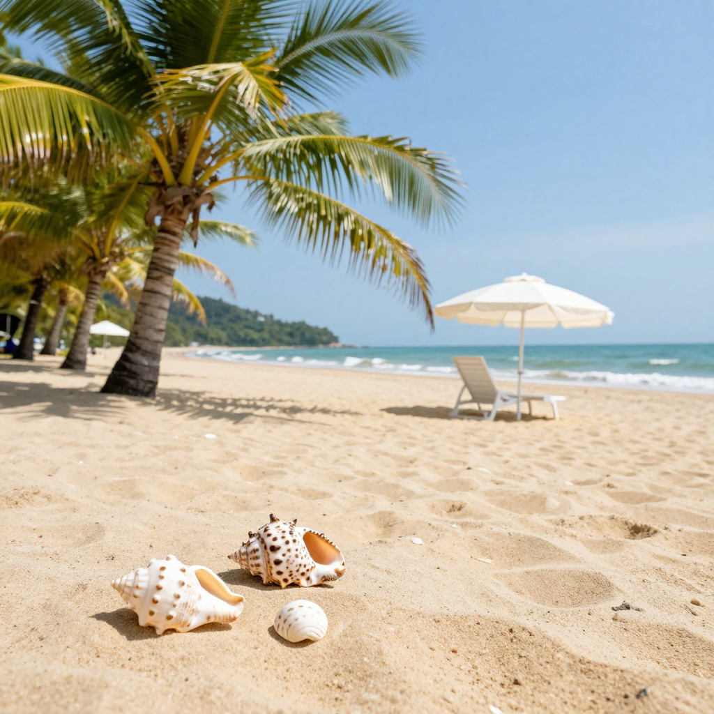 A sandy beach with palm trees, seashells, and a beach umbrel