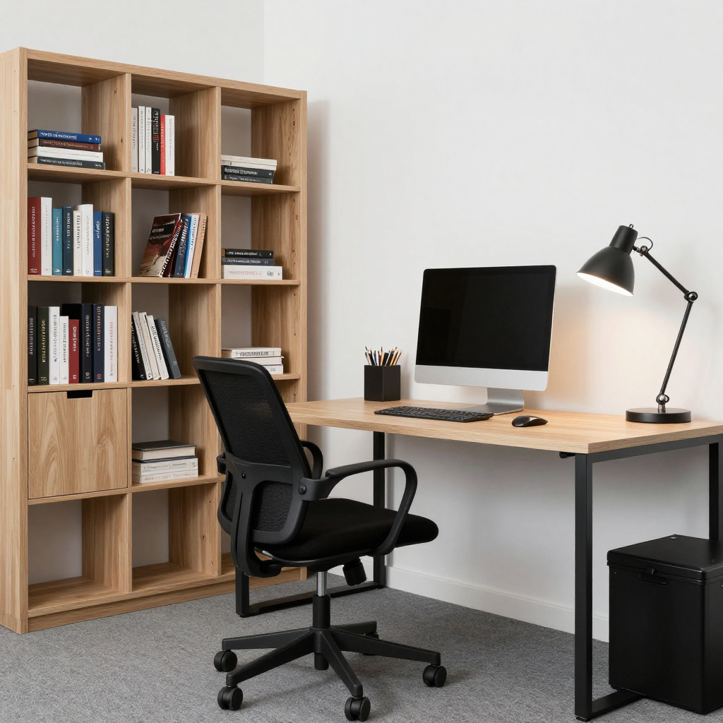 An office workspace with a desk, chair, bookshelf, and lamp 