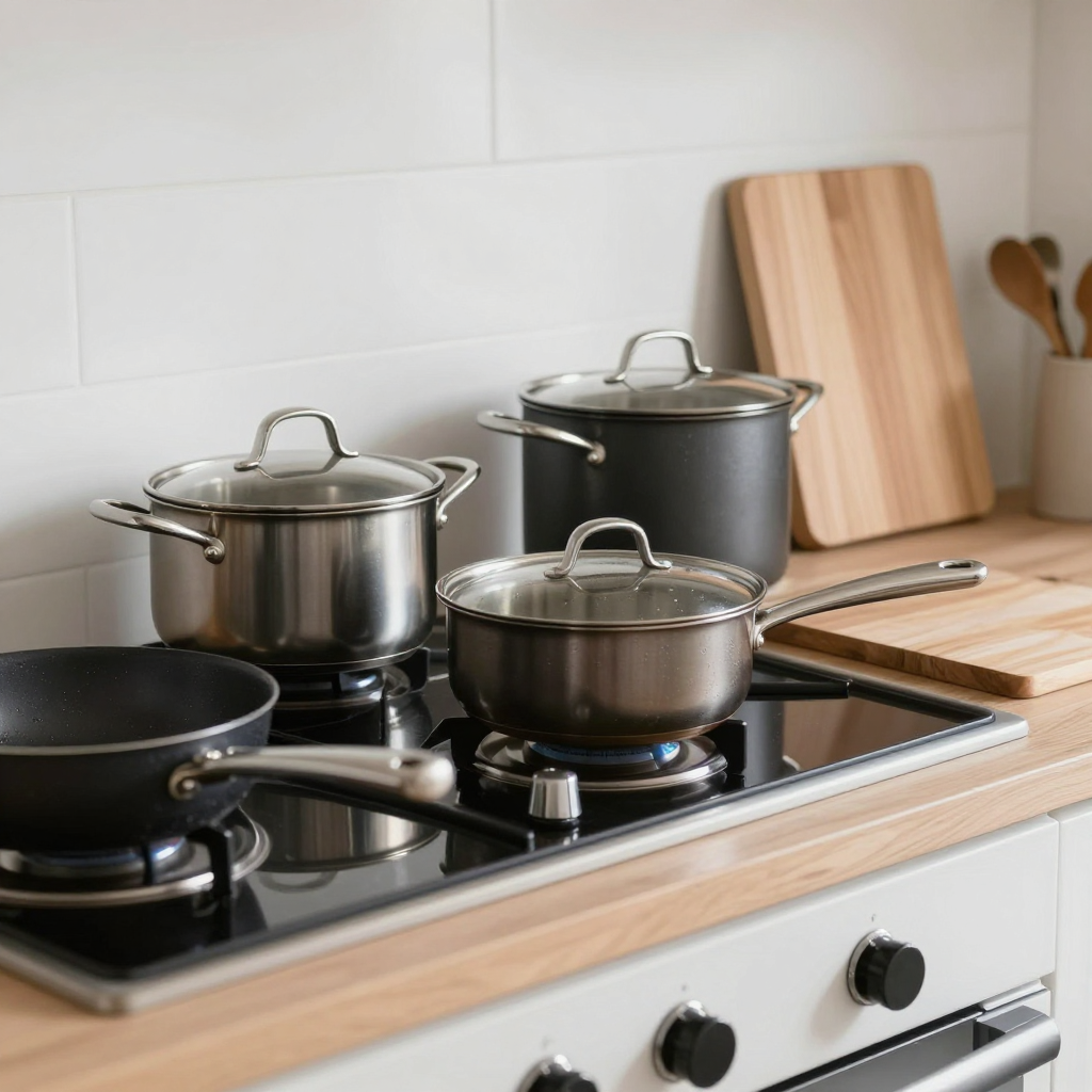 A kitchen with pots, pans, a stove, and a cutting board but 