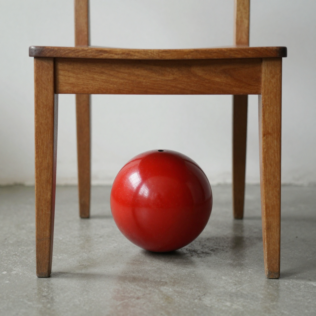 A red ball underneath a wooden chair