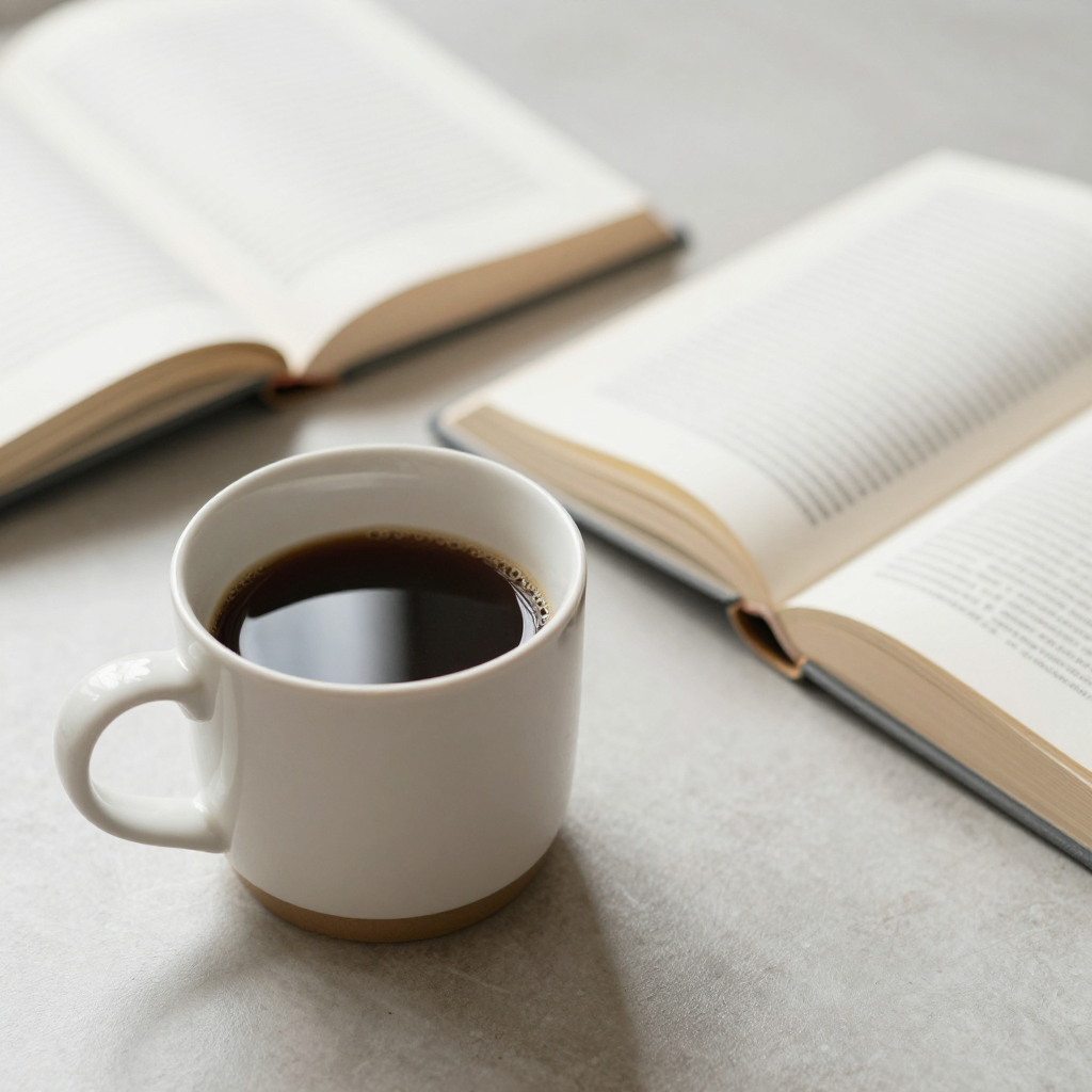 A coffee mug next to an open book on a desk