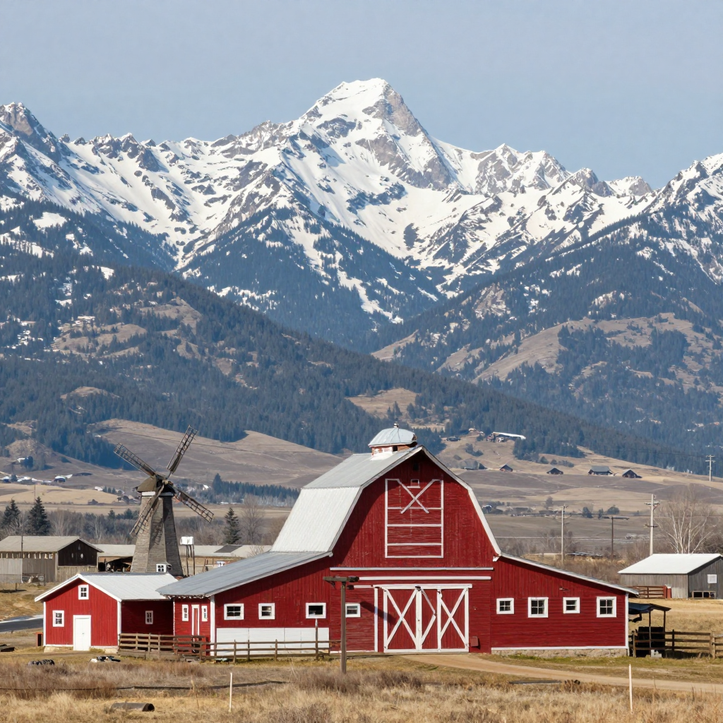A landscape with a red barn in the foreground at large scale