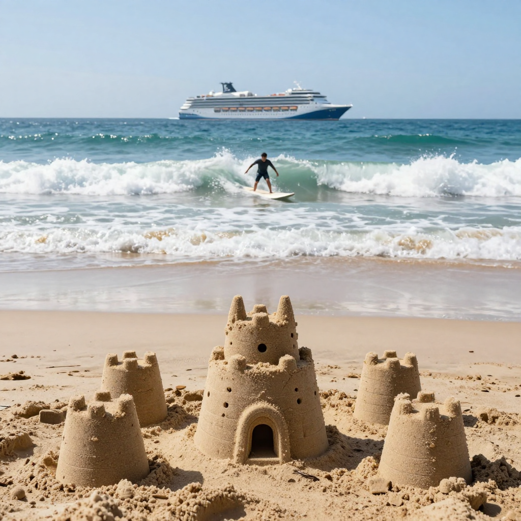 A beach scene with a sandcastle in the foreground, a surfer 