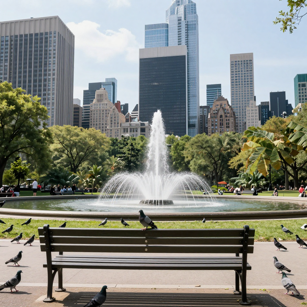 A city park with a park bench and pigeons in the foreground,
