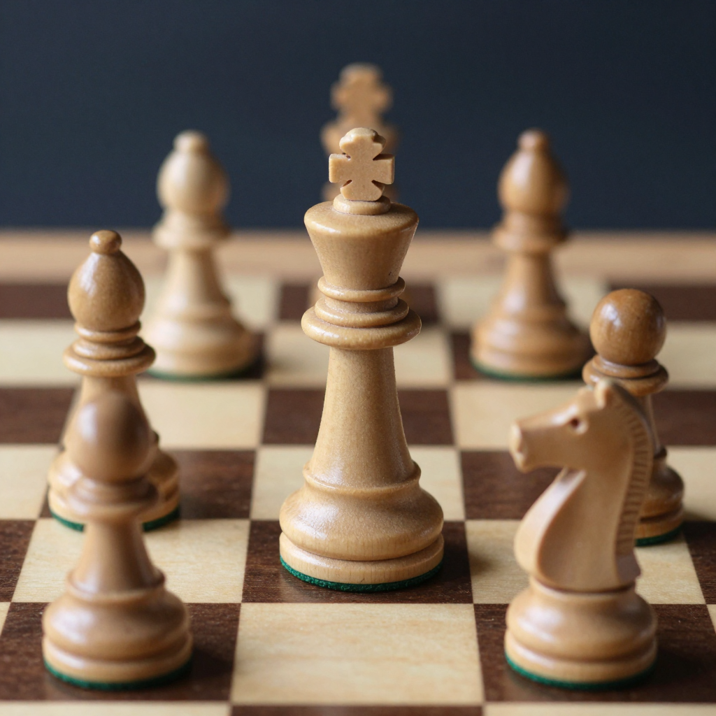 Five chess pieces on a board: a king in the center, a queen 