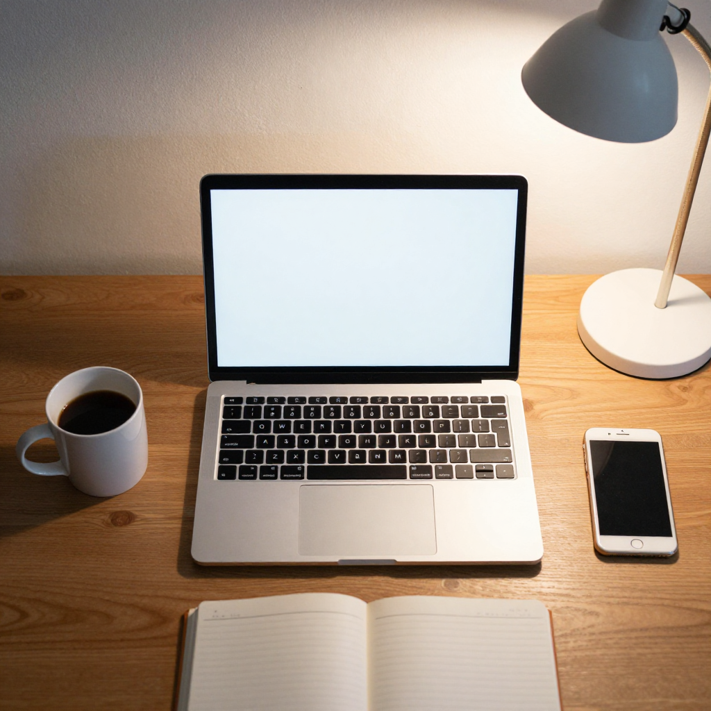 A desk scene: laptop in the center, coffee mug to the left, 