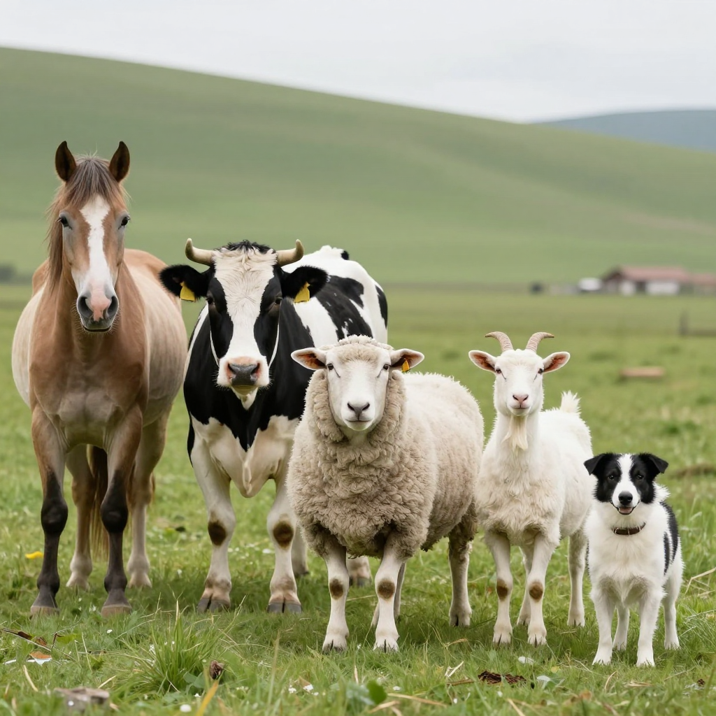Five animals in a field: a horse on the far left, a cow to t