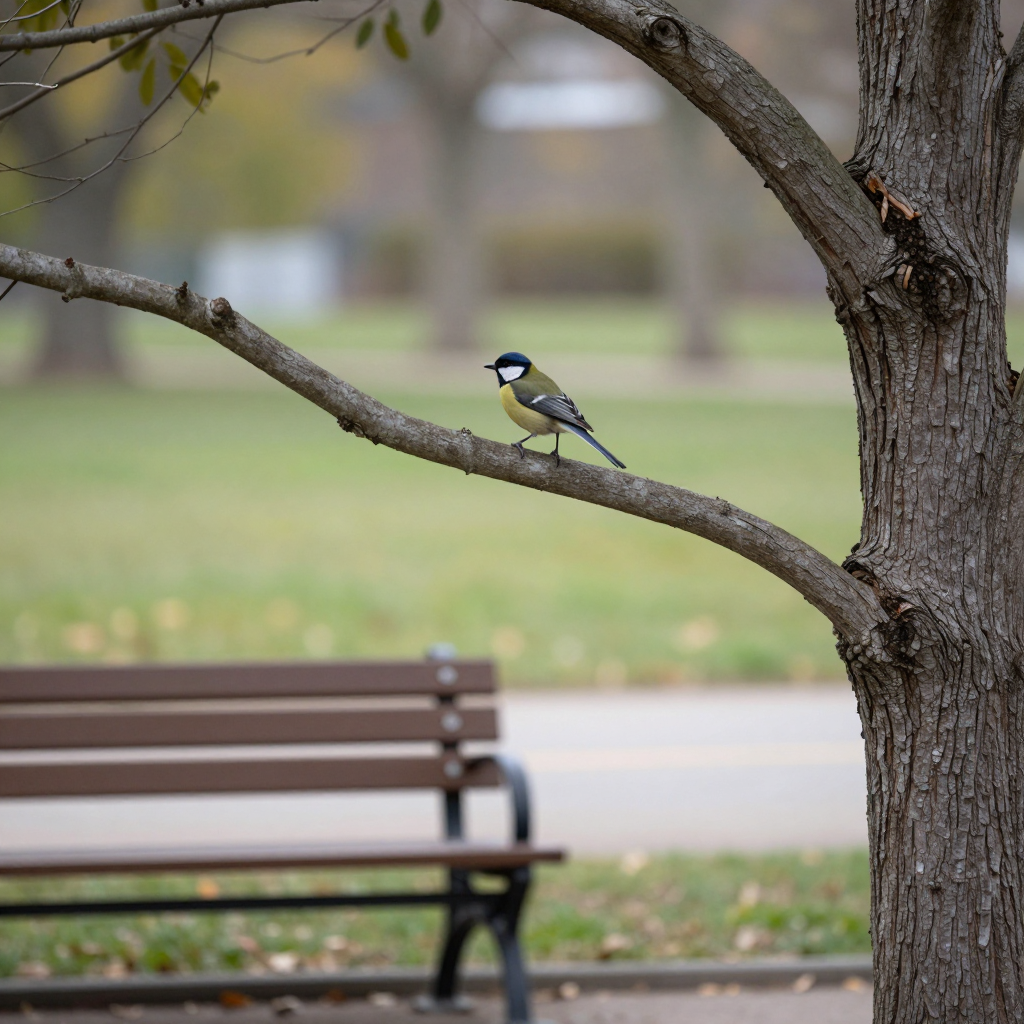 A bird perched on a branch, the branch extending from a tree