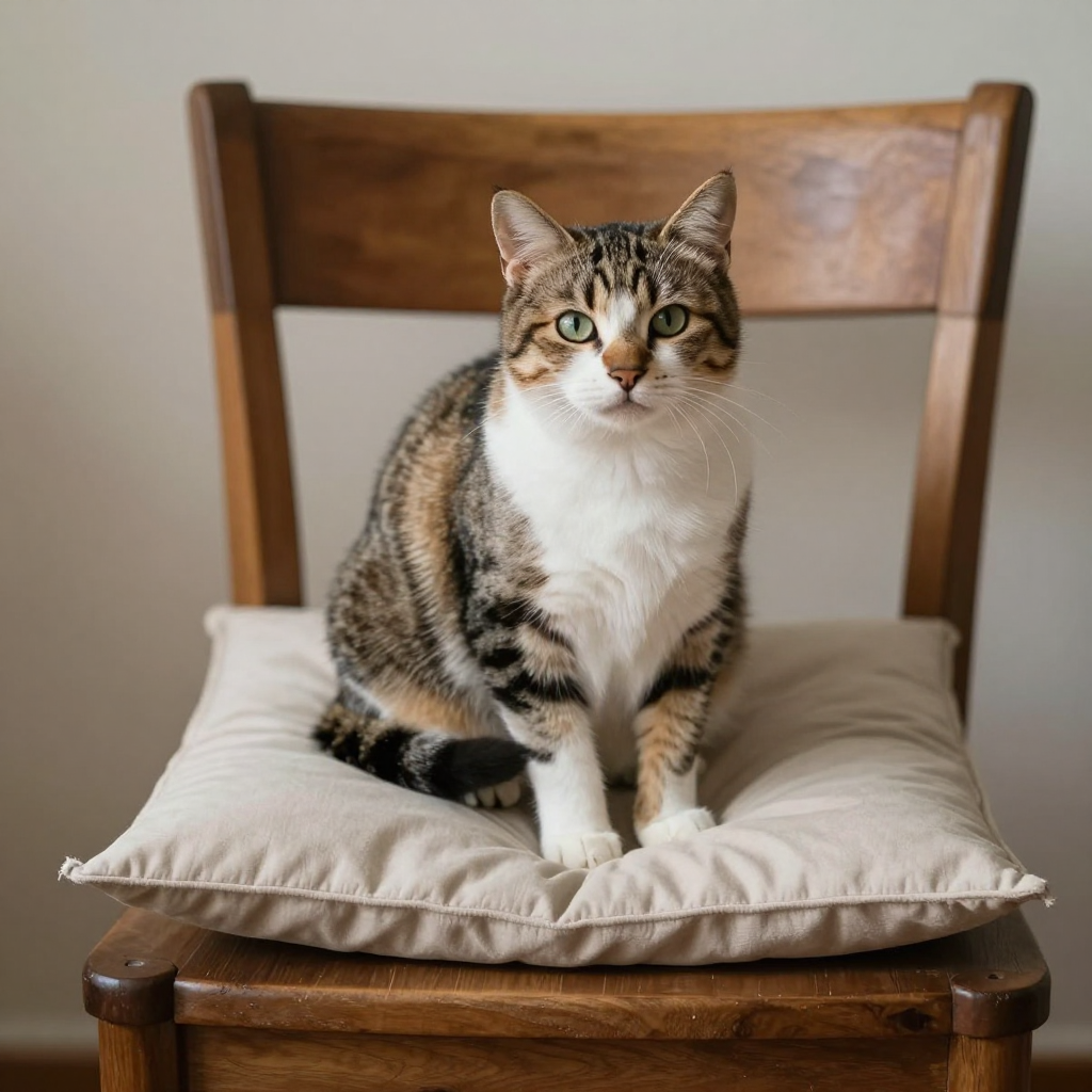 A cat sitting on a pillow, the pillow placed on a wooden cha