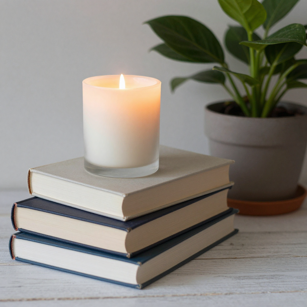 A candle on top of a stack of books, the books next to a pot