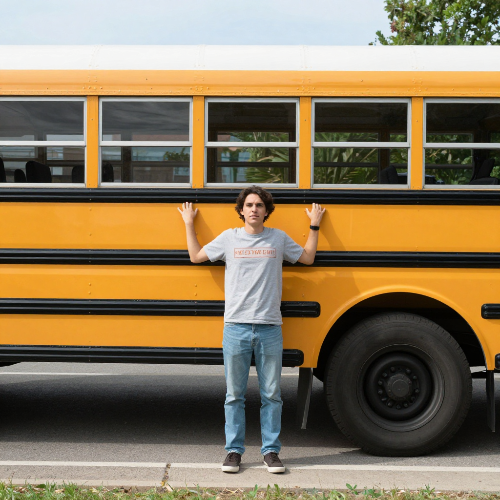 A person standing next to a yellow school bus, showing reali