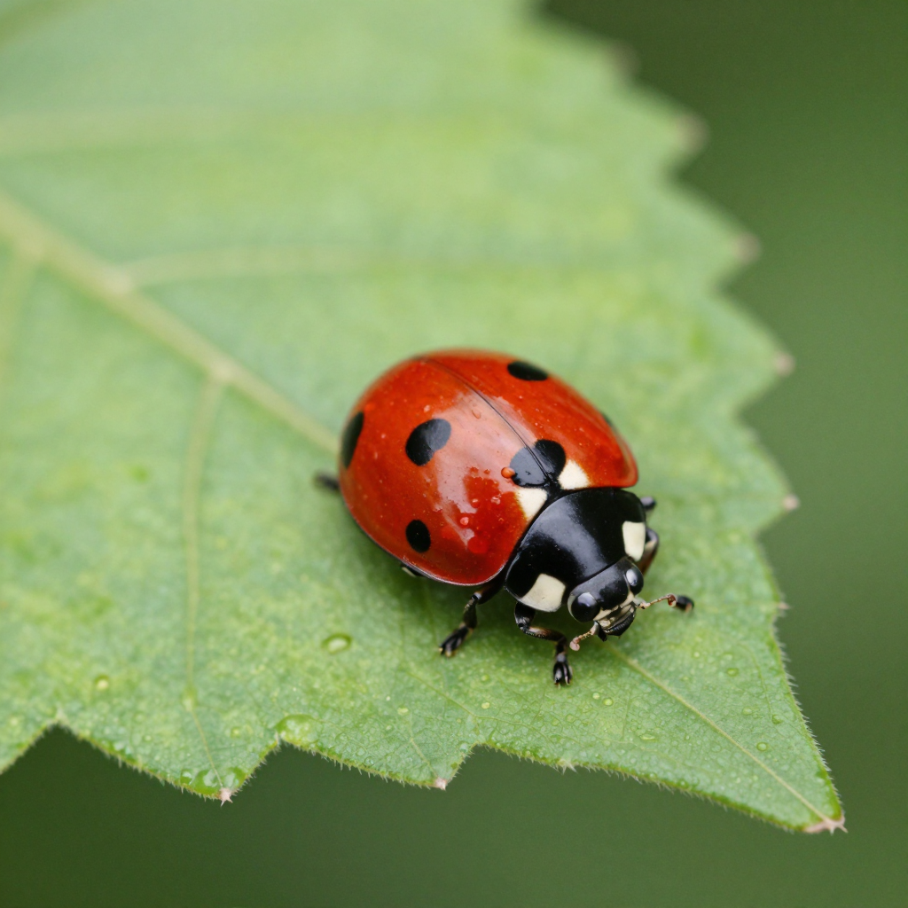 A ladybug sitting on a large green leaf, shown at realistic 