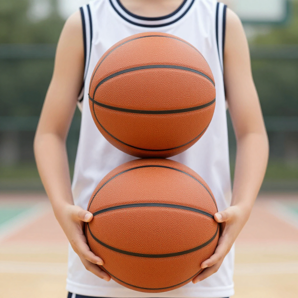 A child holding a basketball, both at correct relative sizes