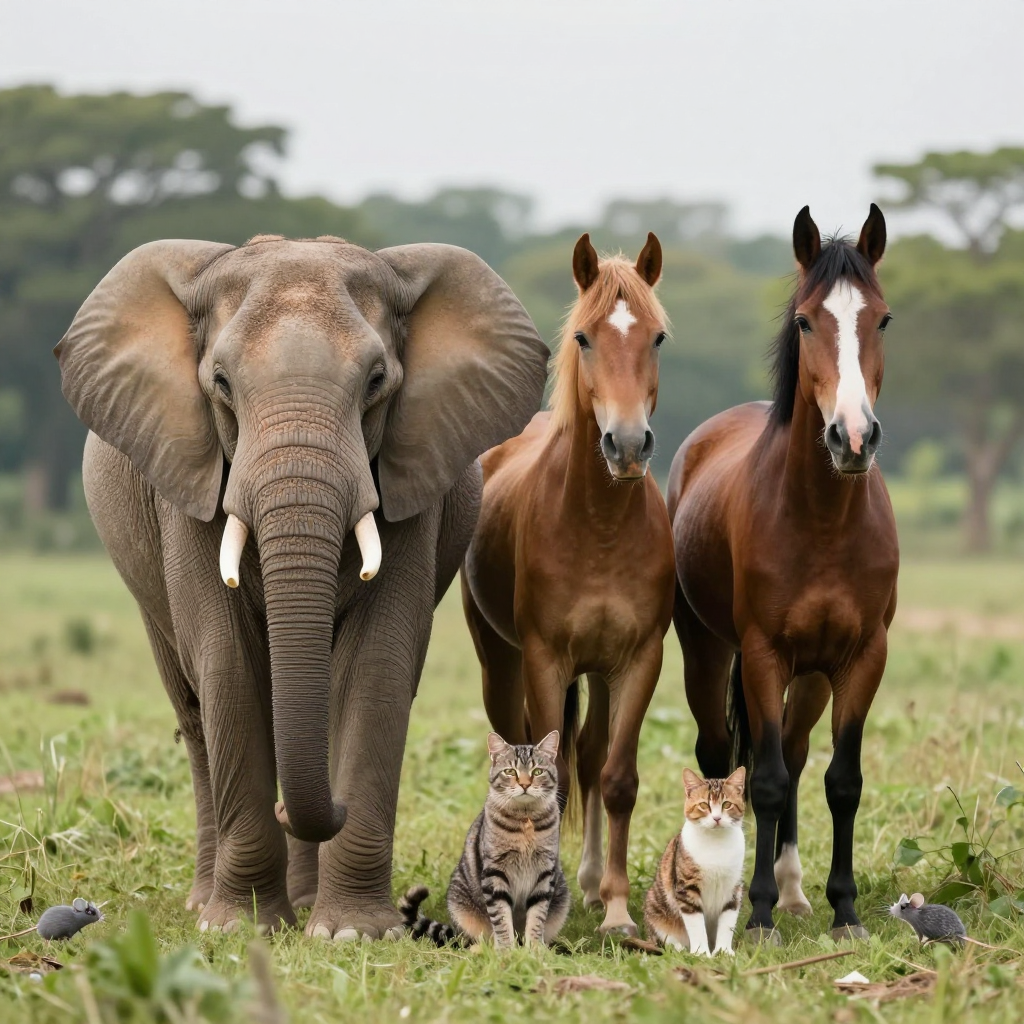 A group photo of an elephant, a horse, a dog, a cat, and a m