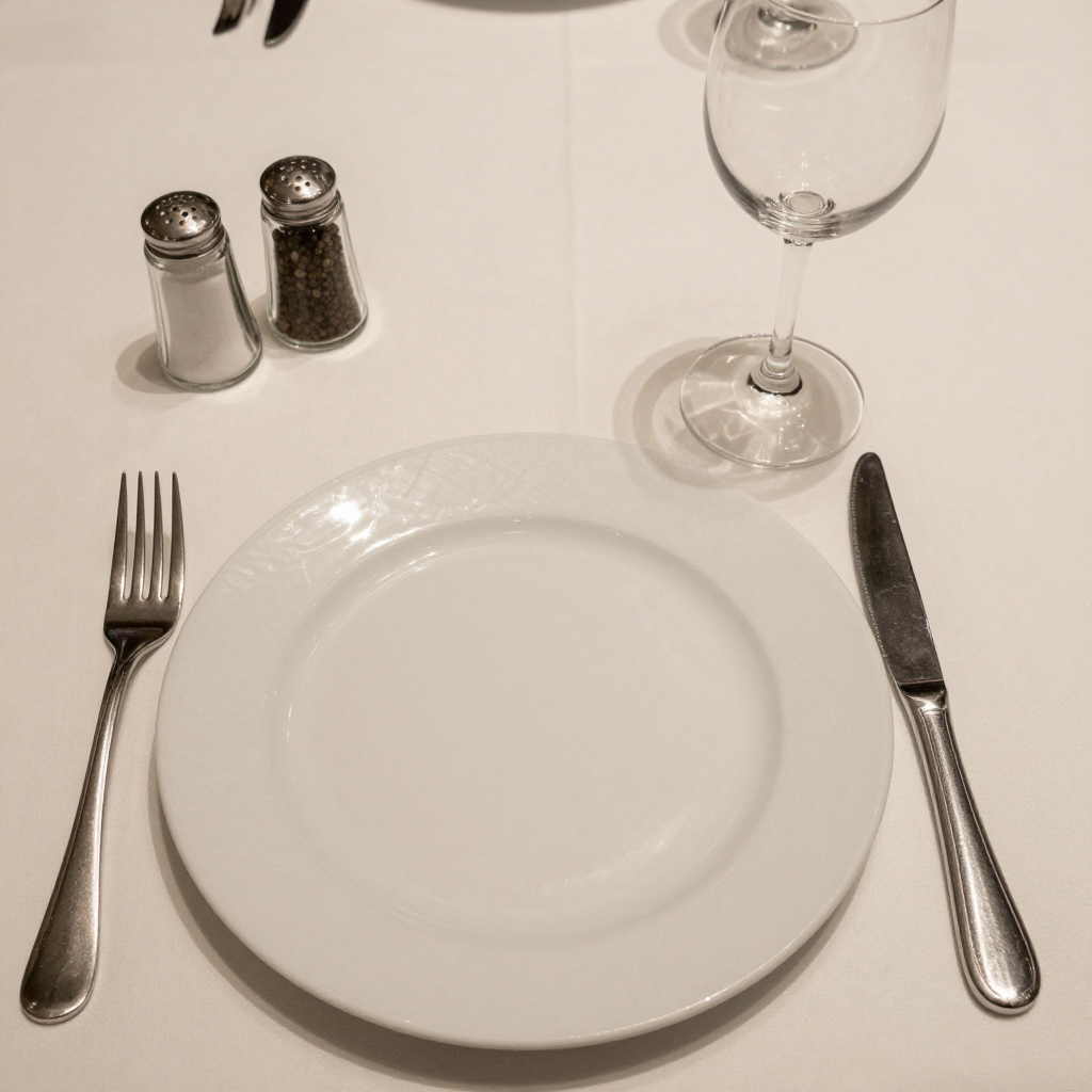 A dinner table scene with a plate, fork, knife, wine glass, 