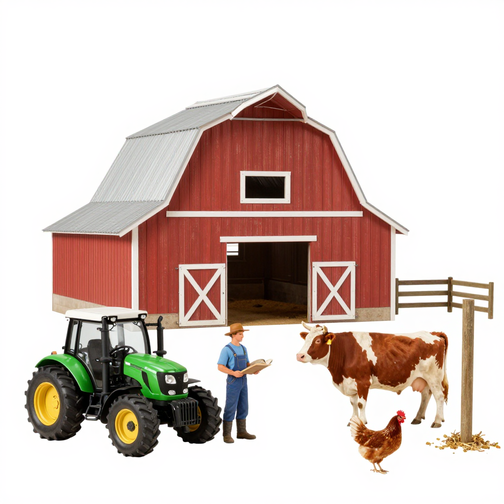 A farm scene with a barn, tractor, farmer, cow, chicken, and