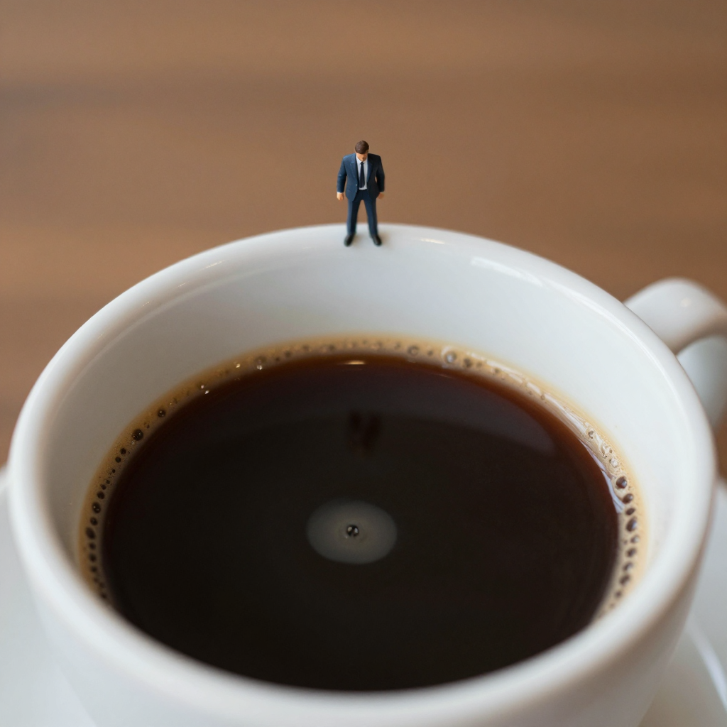 A tiny person standing on the rim of a coffee cup, looking d