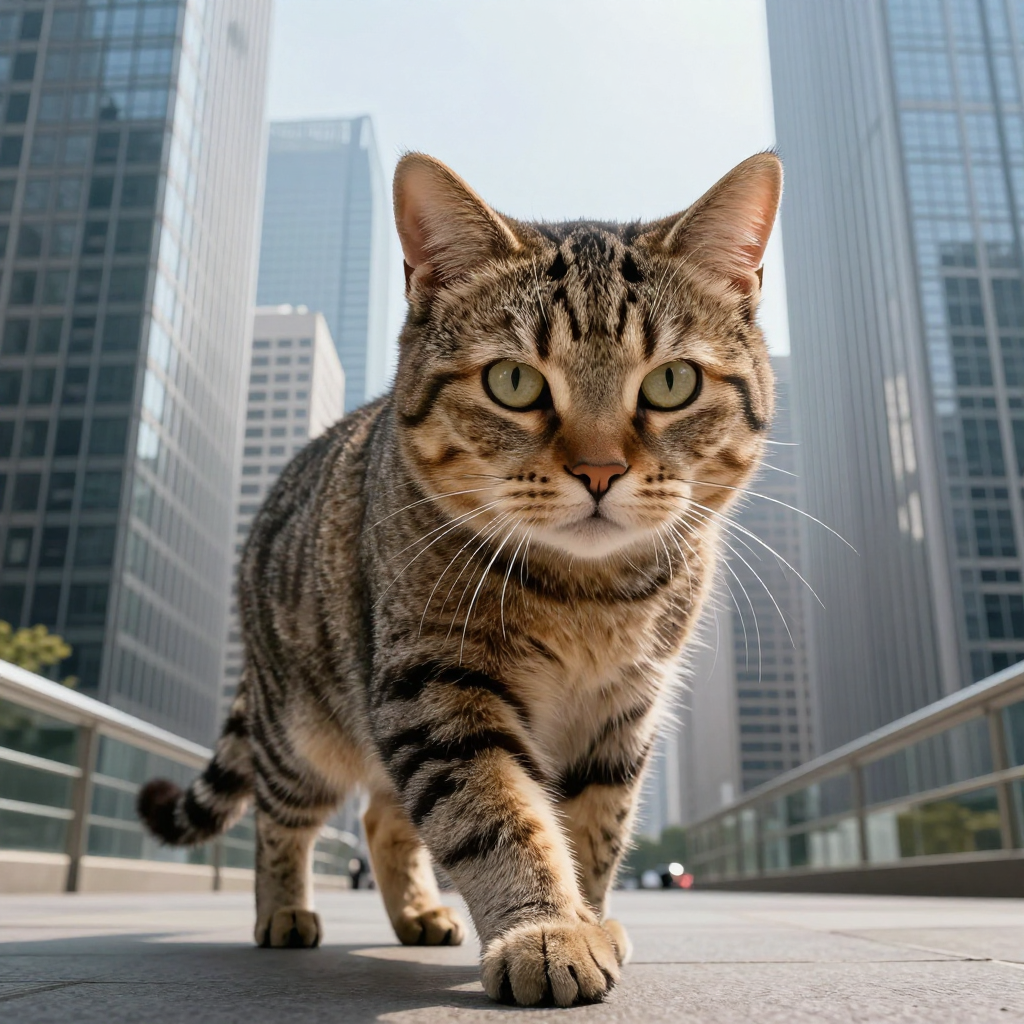A giant tabby cat walking between city skyscrapers like a ka