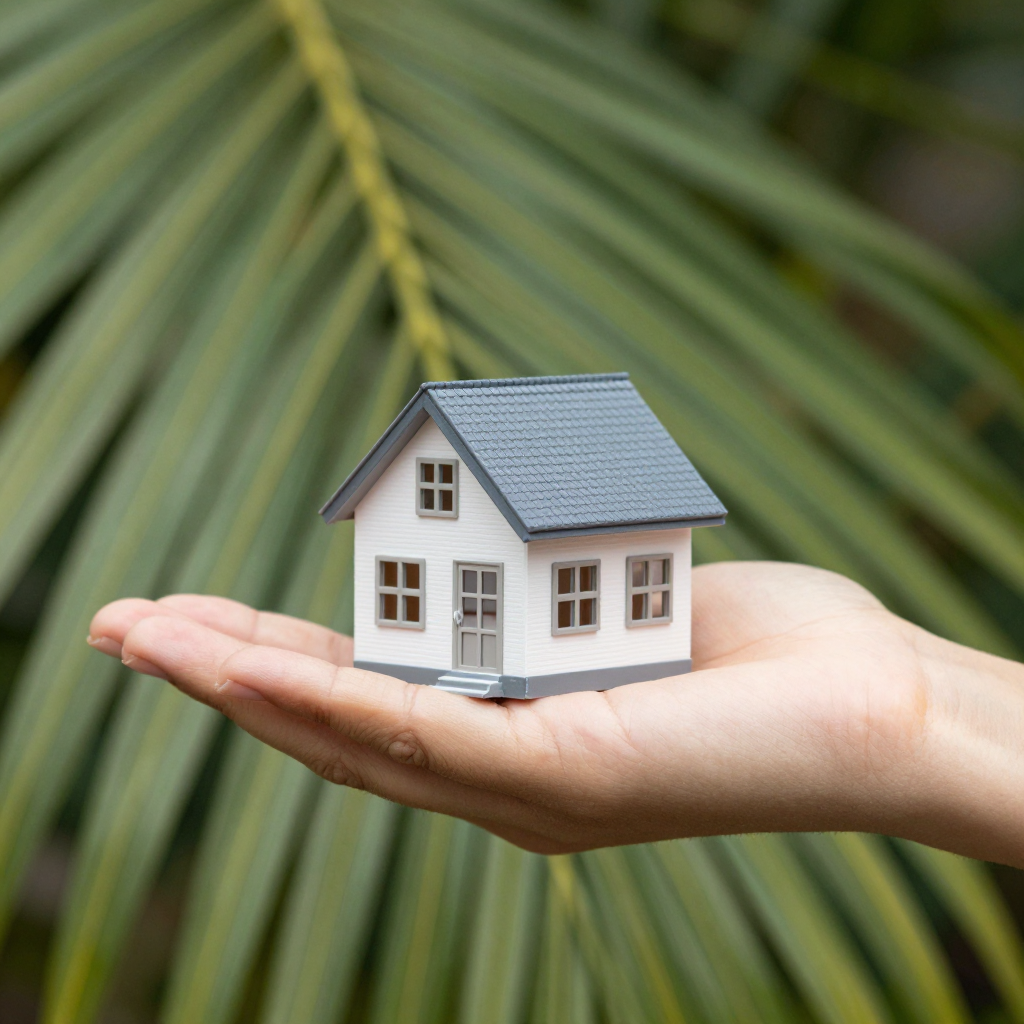 A miniature house sitting on the palm of someone's hand