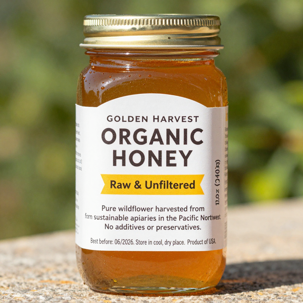 A product label for 'GOLDEN HARVEST ORGANIC HONEY' with subt