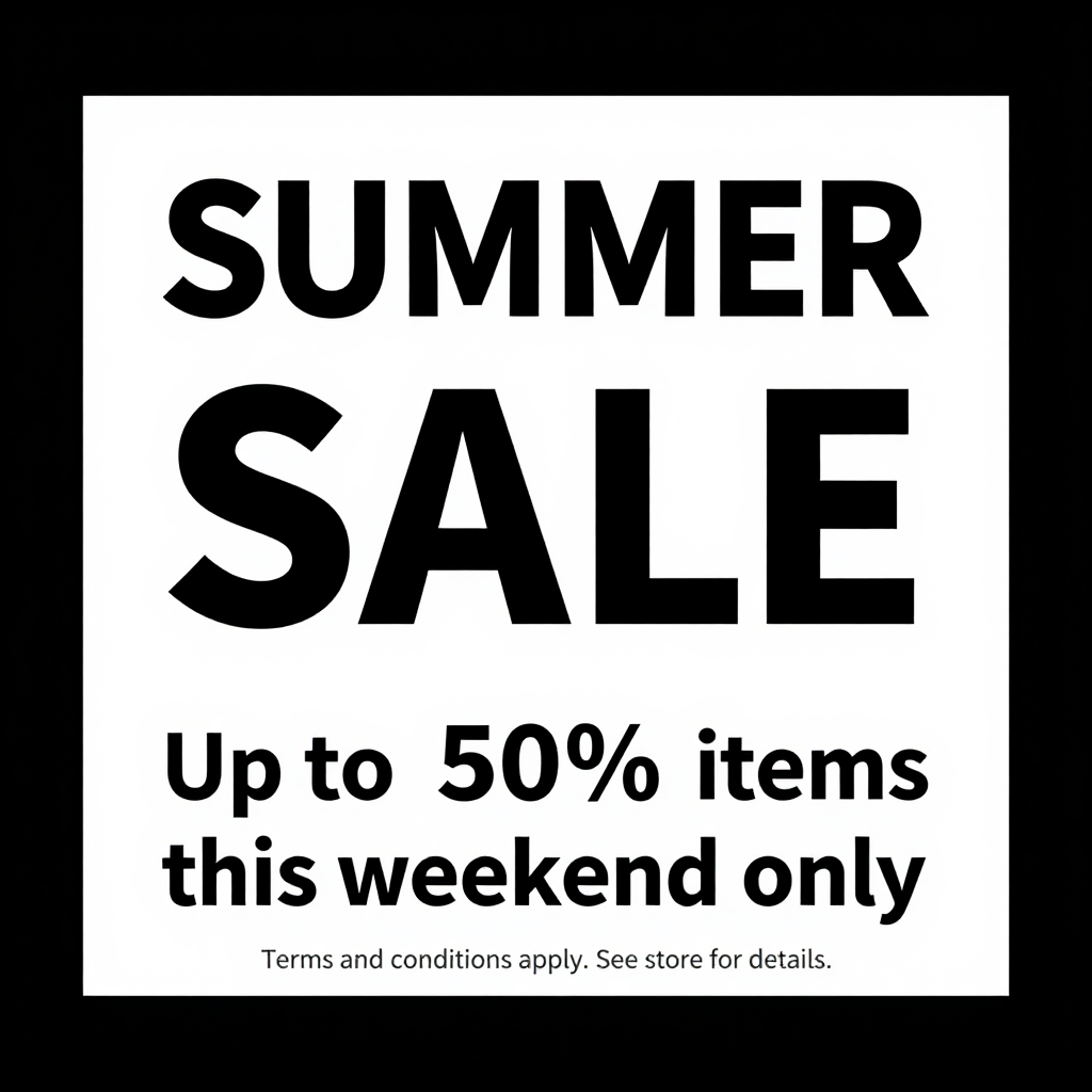 A poster with headline 'SUMMER SALE' in large bold text, bod