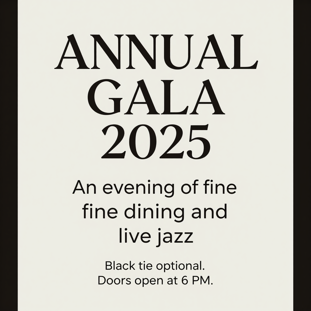 An event banner with headline 'ANNUAL GALA 2025' at the top 