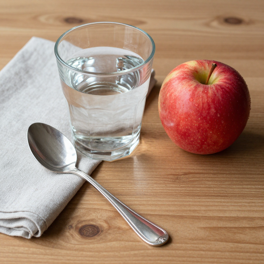 A still life on a wooden table featuring a clear glass of wa