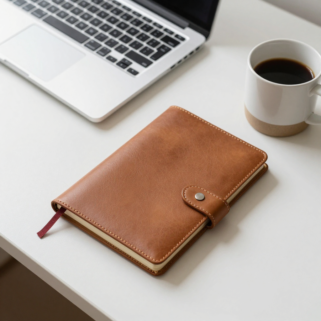 A workspace desk with a brushed aluminum laptop, a leather-b