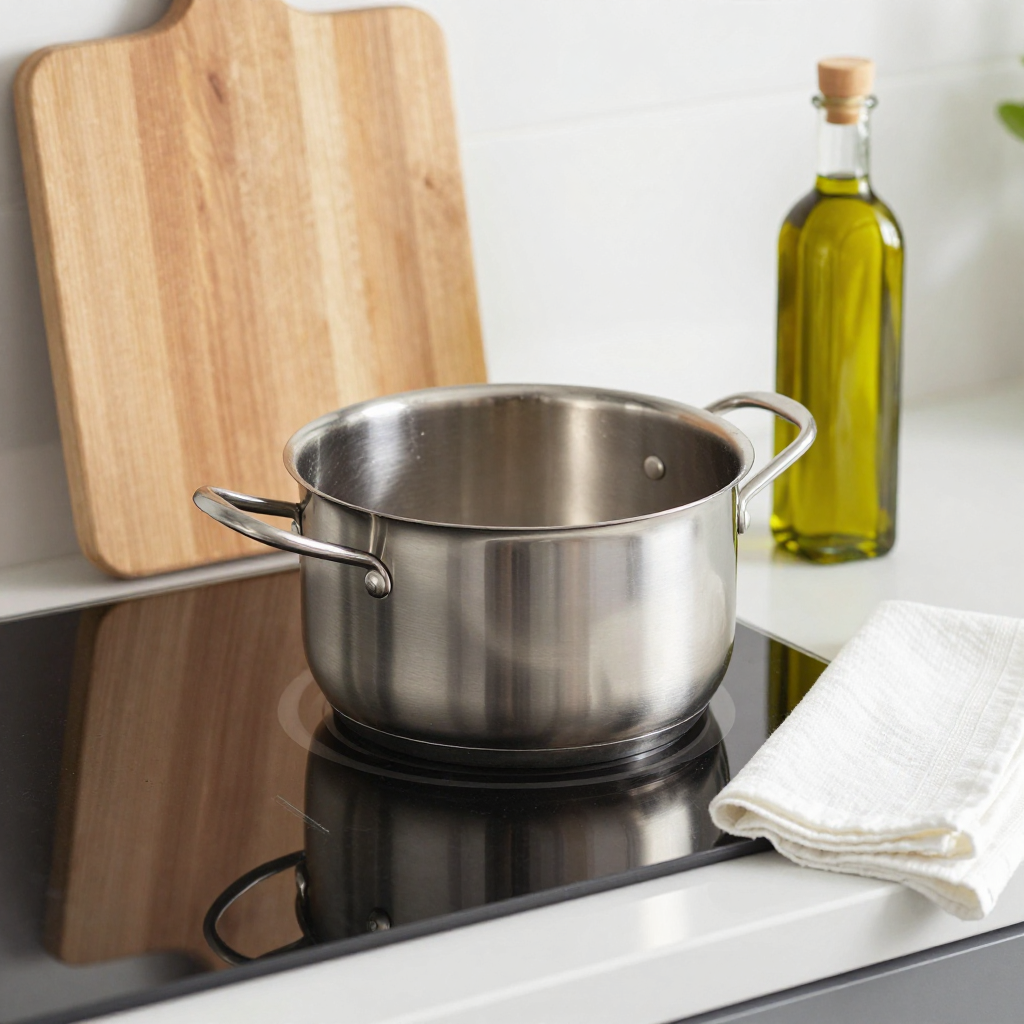 A kitchen counter with a stainless steel pot, a wooden cutti