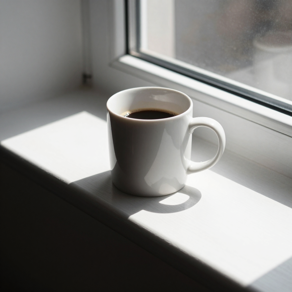 A coffee mug on a sunny windowsill casting a sharp shadow to
