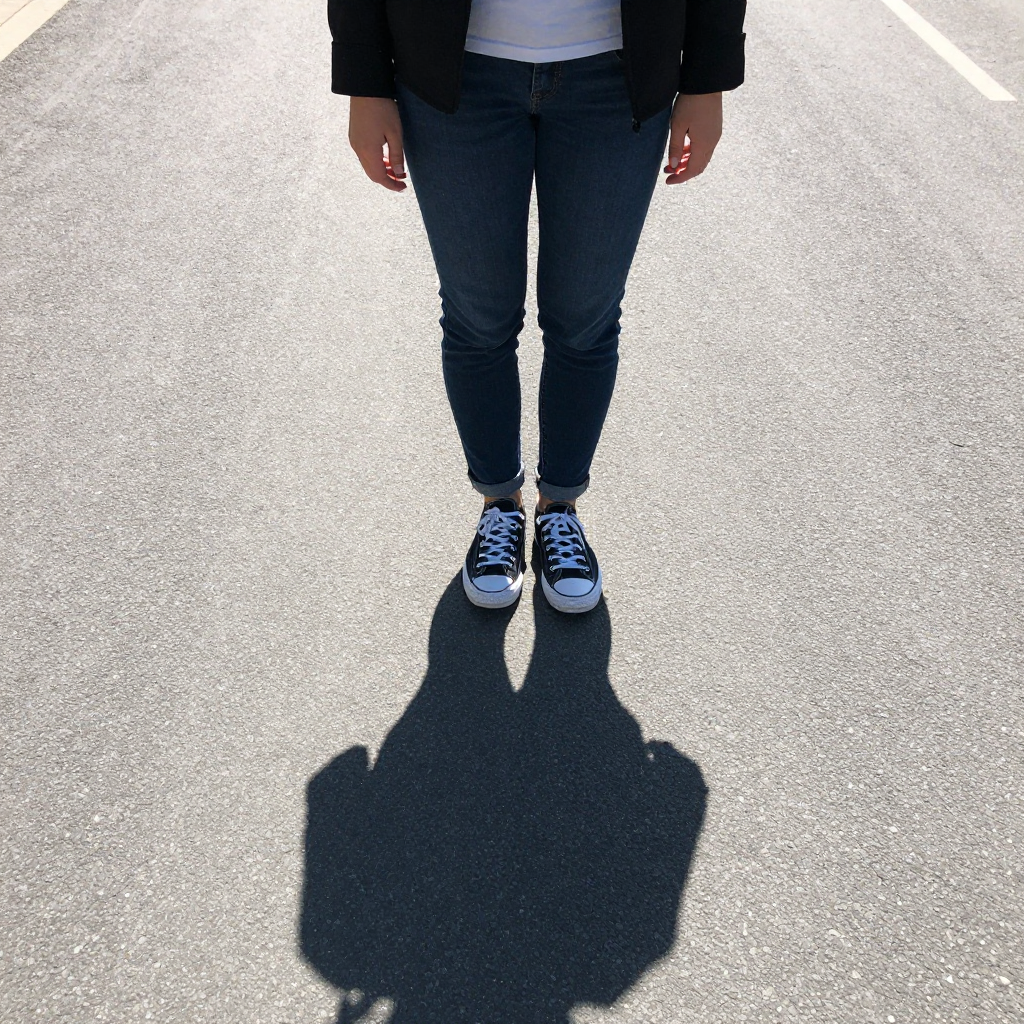 A person standing outdoors at midday with a short shadow dir