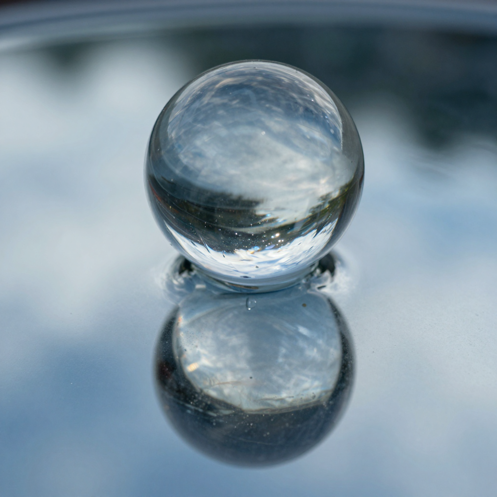 A clear glass sphere sitting on a mirror surface near a pool