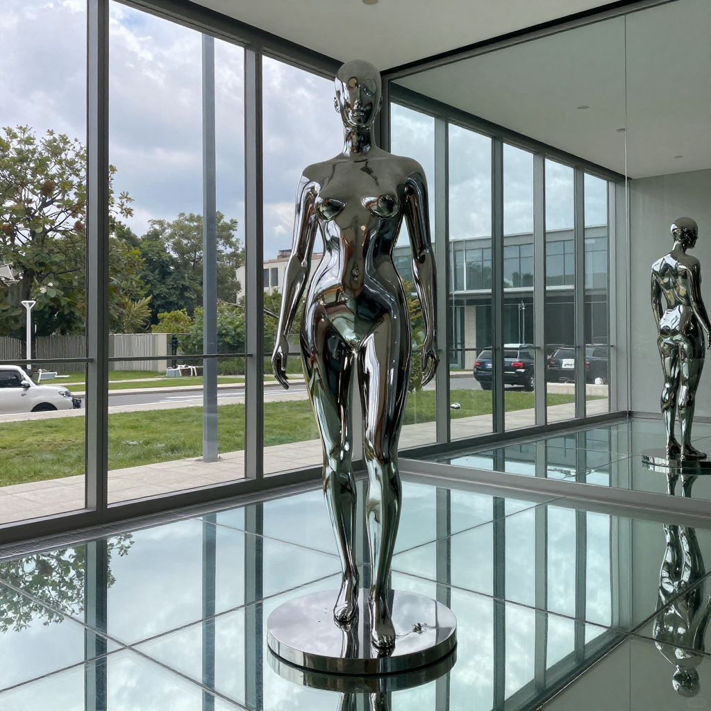 A chrome sculpture in a room with a glass floor and large wi