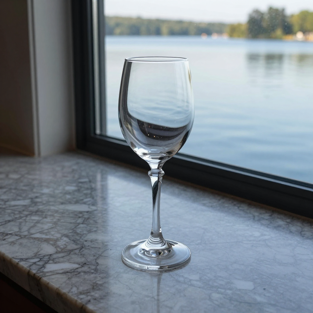 A crystal wine glass on a polished marble counter next to a 