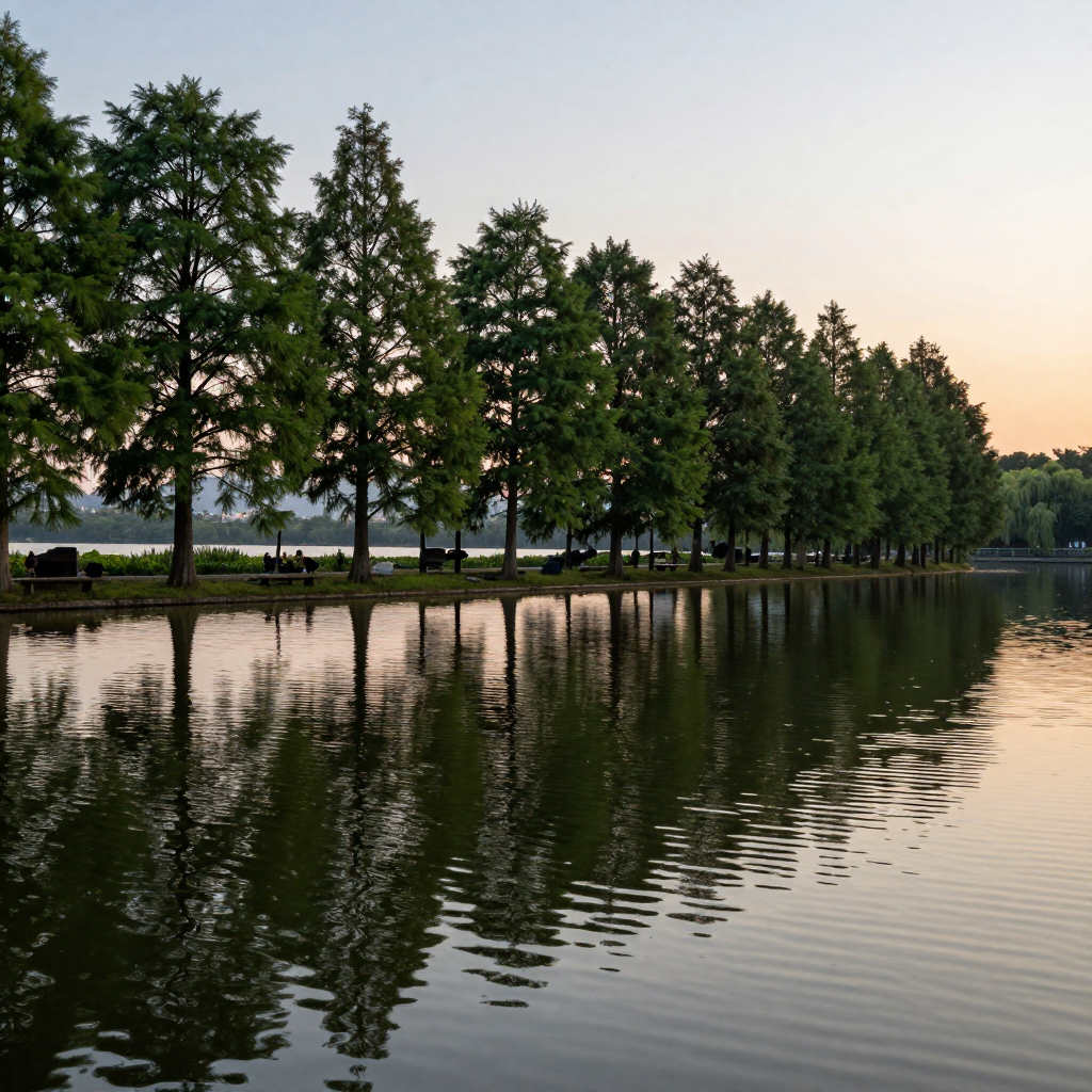 A row of trees reflected in a calm lake at sunset, with the 