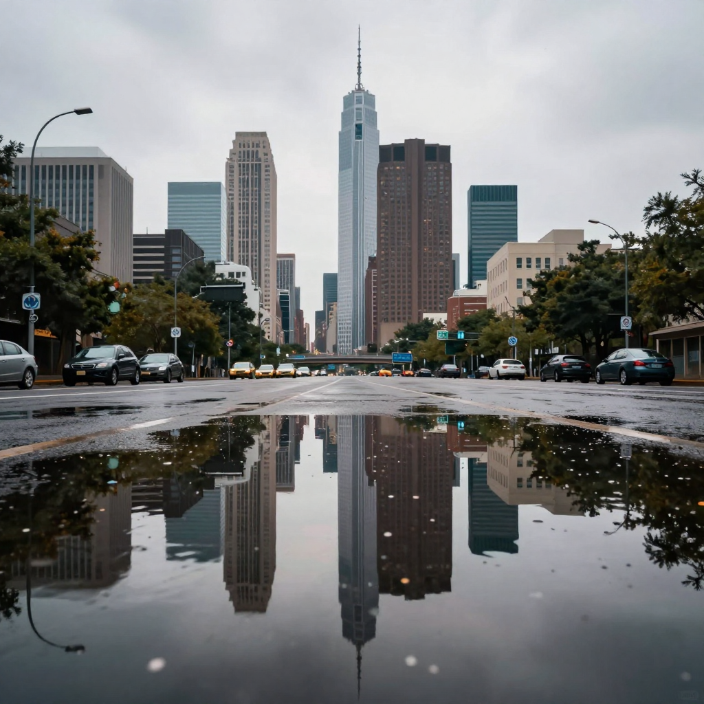 A city skyline reflected in a rain puddle on a street, with 