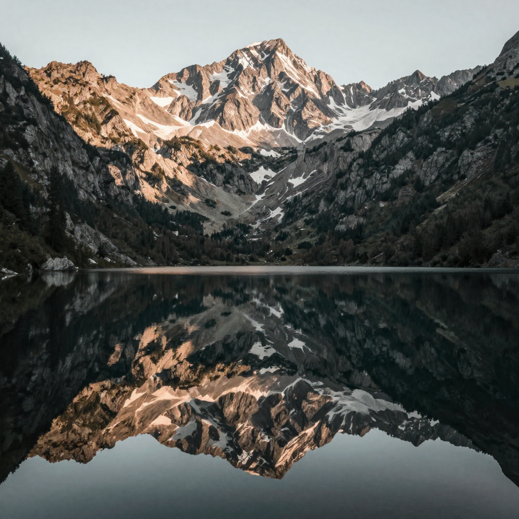 A mountain range reflected in a still alpine lake, with the 