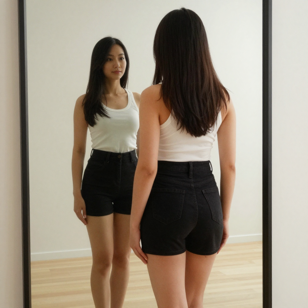 A woman standing in front of a full-length mirror, her refle