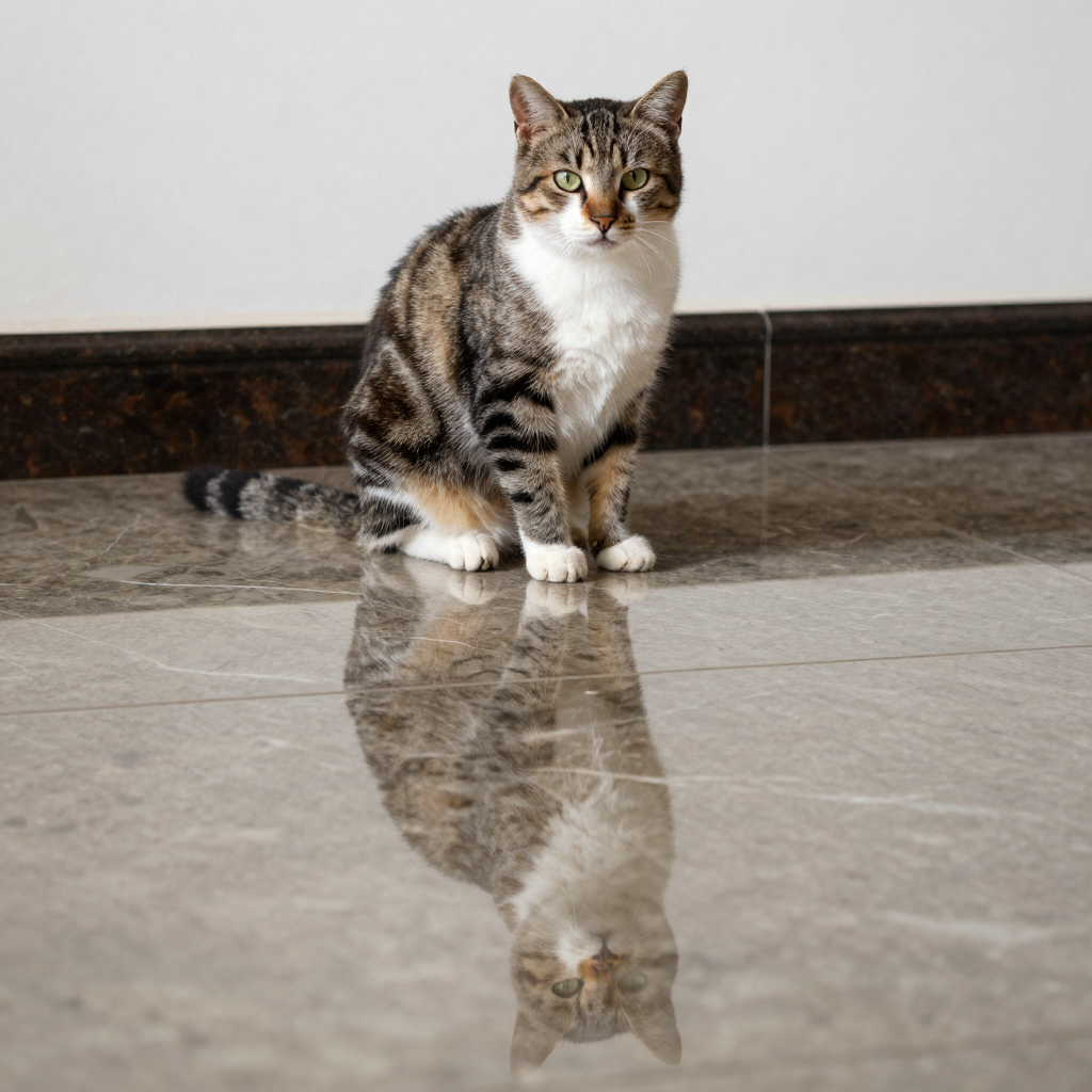 A cat sitting on a polished marble floor with its reflection
