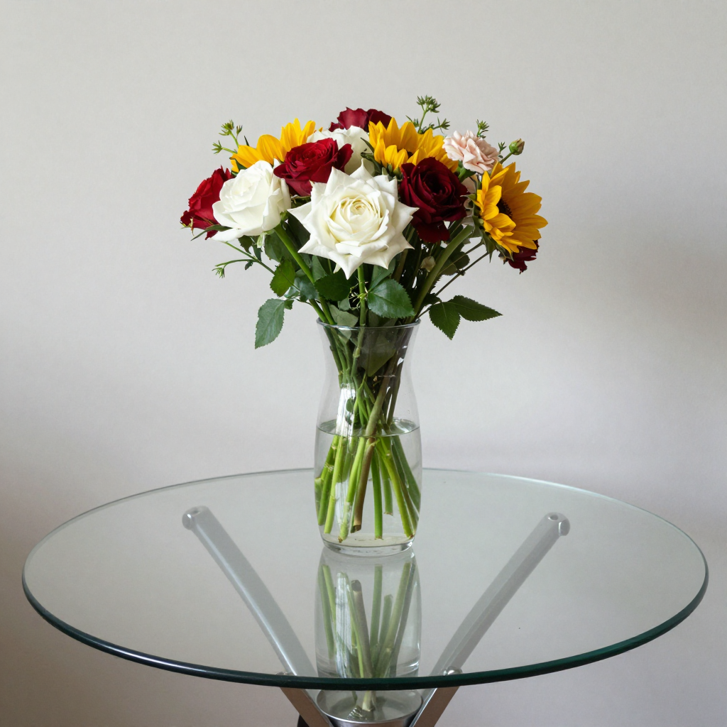 A vase of flowers on a glass table with a clear reflection v