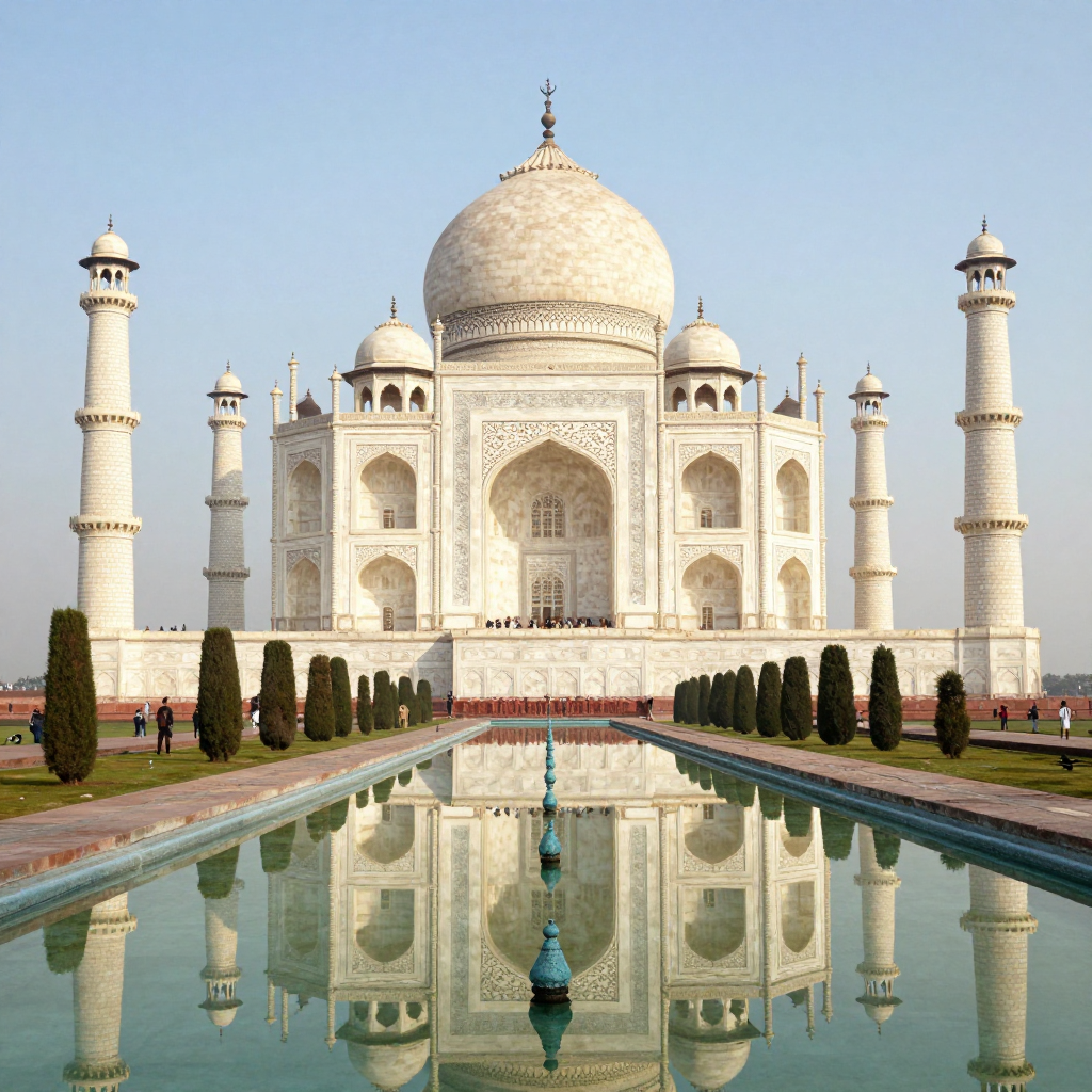 The Taj Mahal in Agra seen from the reflecting pool, with ac